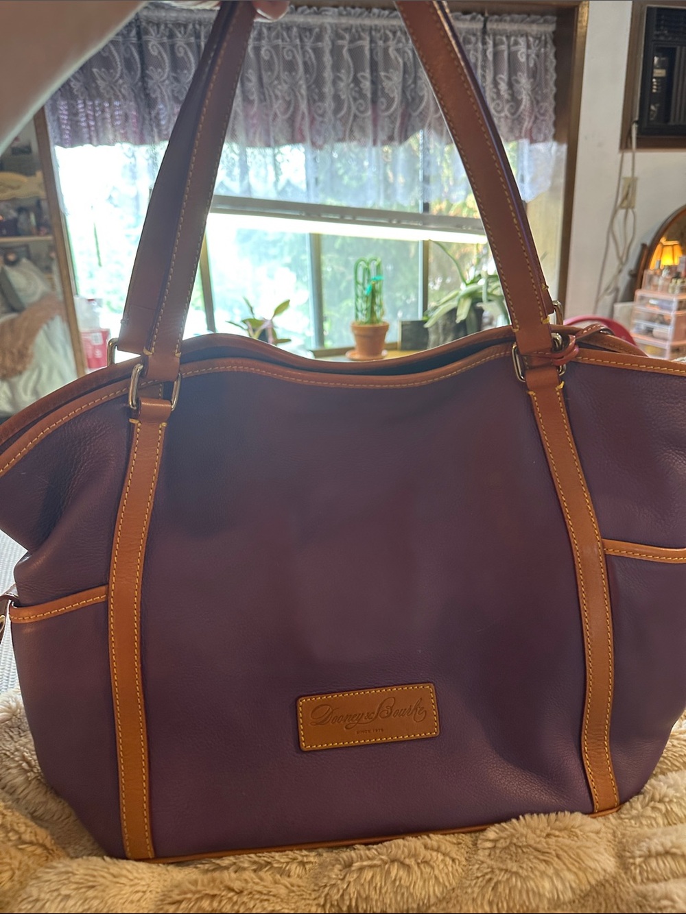 Dooney & Bourke Purple Leather Tote with Tan Trim